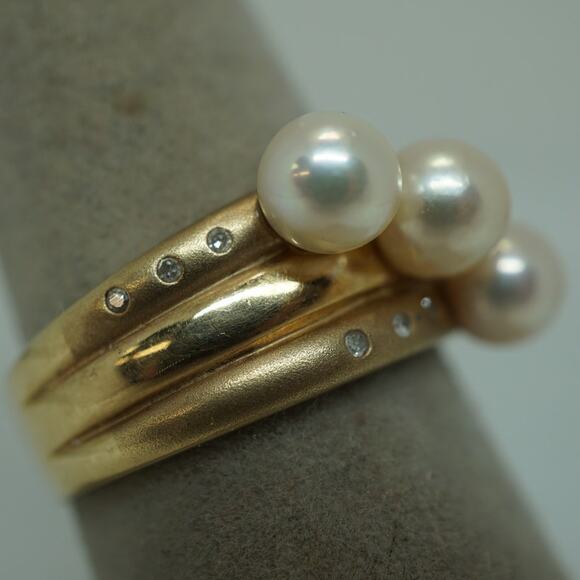 Unbranded Jewelry - 14K Yellow Gold Pearl & Diamond Band Ring Size 9.25 Vintage Estate